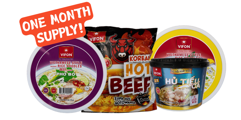 Three Vifon instant noodle products—Pho Bo bowl, Korean Hot Beef, and Hu Tieu—displayed with a “One Month Supply!” label.