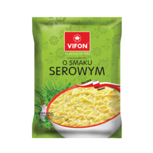 Vifon O Smaku Serowym – green packaging of cheese-flavoured instant noodle soup with parsley, garlic, and a bowl of creamy noodles.