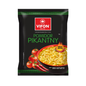Vifon Pomidor Pikantny – black packaging of spicy tomato instant noodle soup with chili peppers
