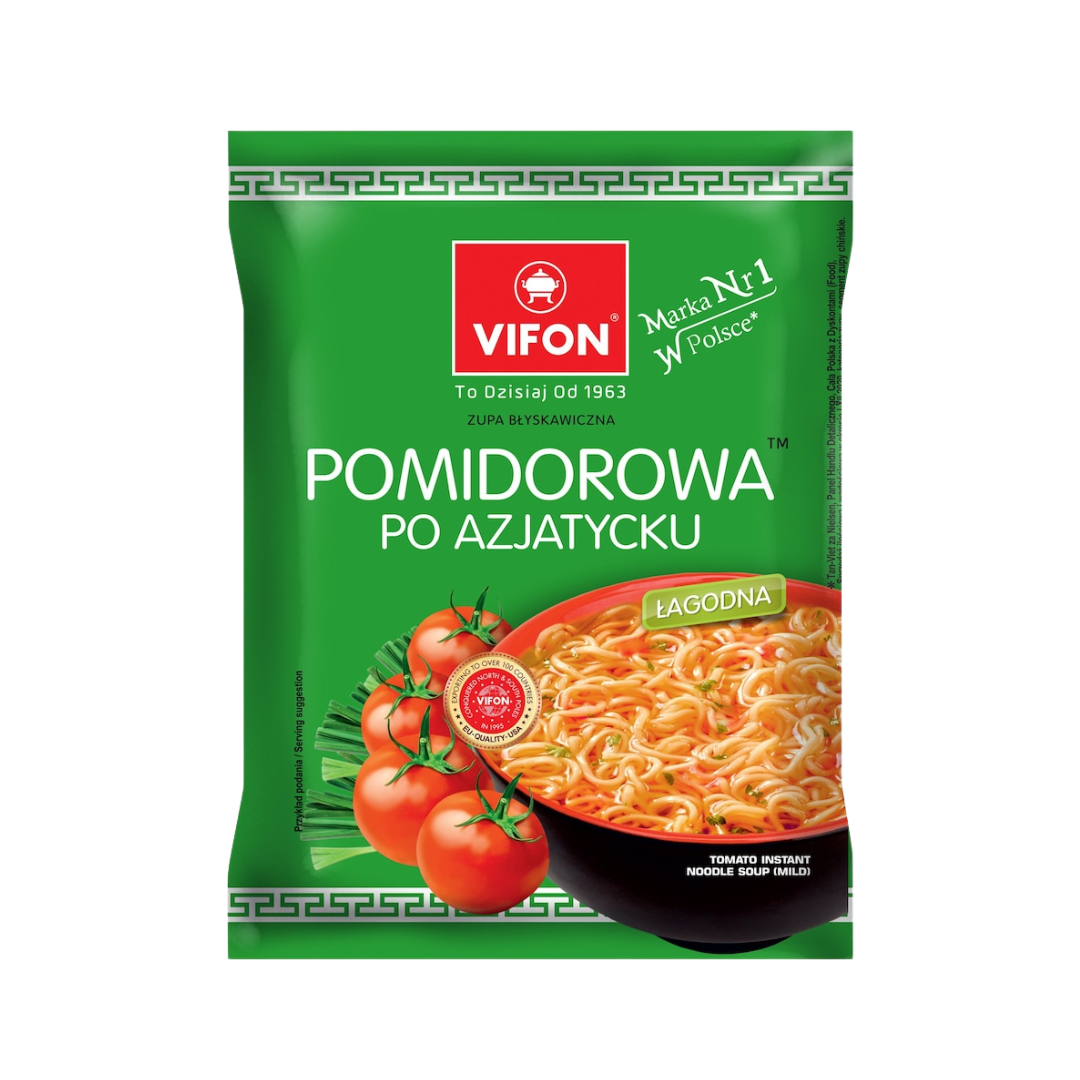 Vifon Instant Noodles Tomato Vifon Pomidorowa Po Azjatycku – green packaging for mild tomato instant noodle soup with Asian-inspired flavor and ripe tomatoes.