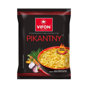Vifon Pikantny – black packaging of chili chicken instant noodle soup with garlic, spring onion, chili peppers, and a bowl of spicy noodles.