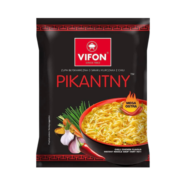 Vifon Pikantny – black packaging of chili chicken instant noodle soup with garlic, spring onion, chili peppers, and a bowl of spicy noodles.