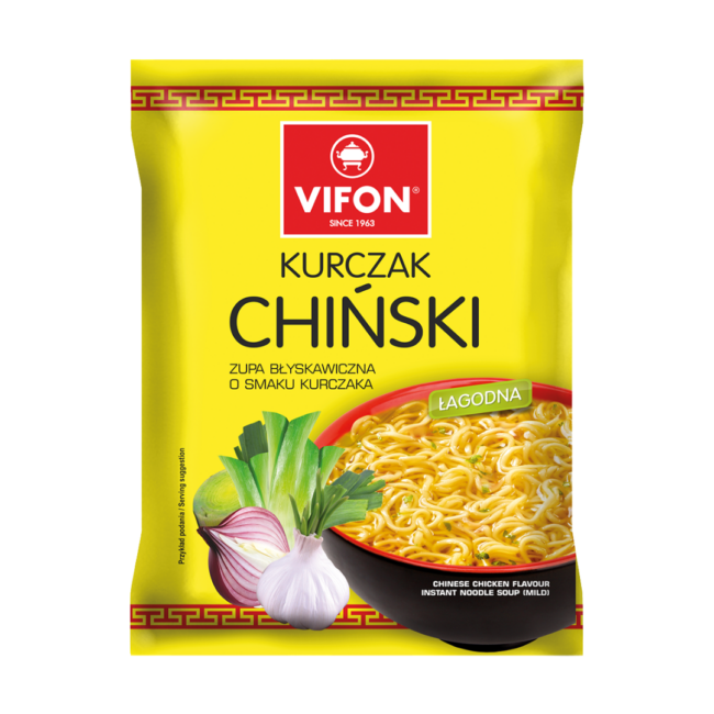 Vifon Kurczak Chiński – yellow packaging of Chinese chicken instant noodle soup with spring onion, garlic, and a bowl of noodles.