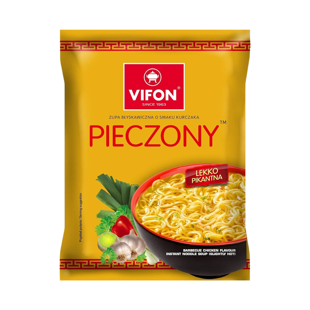 Vifon Instant Noodles BBQ Chicken Vifon Pieczony – orange packaging of barbecue chicken instant noodle soup with garlic, spring onion, parsley, and a bowl of slightly spicy noodles.
