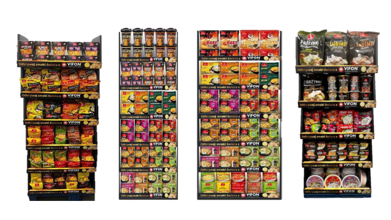 Retail shelves stocked with a wide variety of Vifon instant noodles and soups – colorful packaging display for vendors.