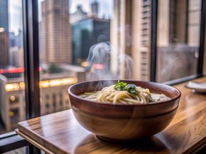 Steaming bowl of noodles with a city skyline in the background.